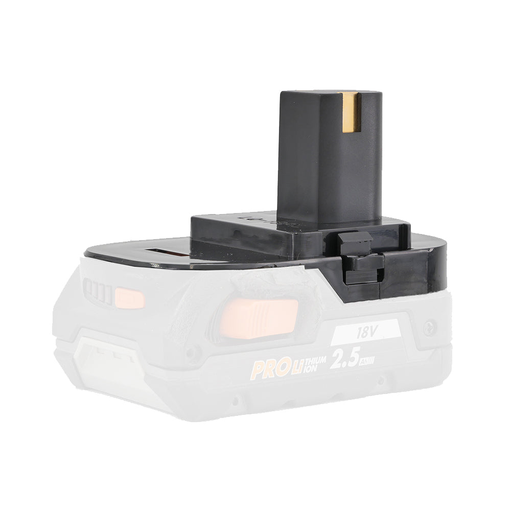 RIDGID 18V to Ryobi 18V ONE+ battery adapter - Ryobi tool-side post upward, fitted to a faded battery pack