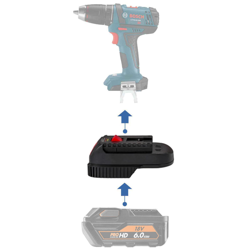 AEG 18V to Bosch 18V GBA (Blue) battery adapter - compatibility diagram showing battery, adapter and drill driver