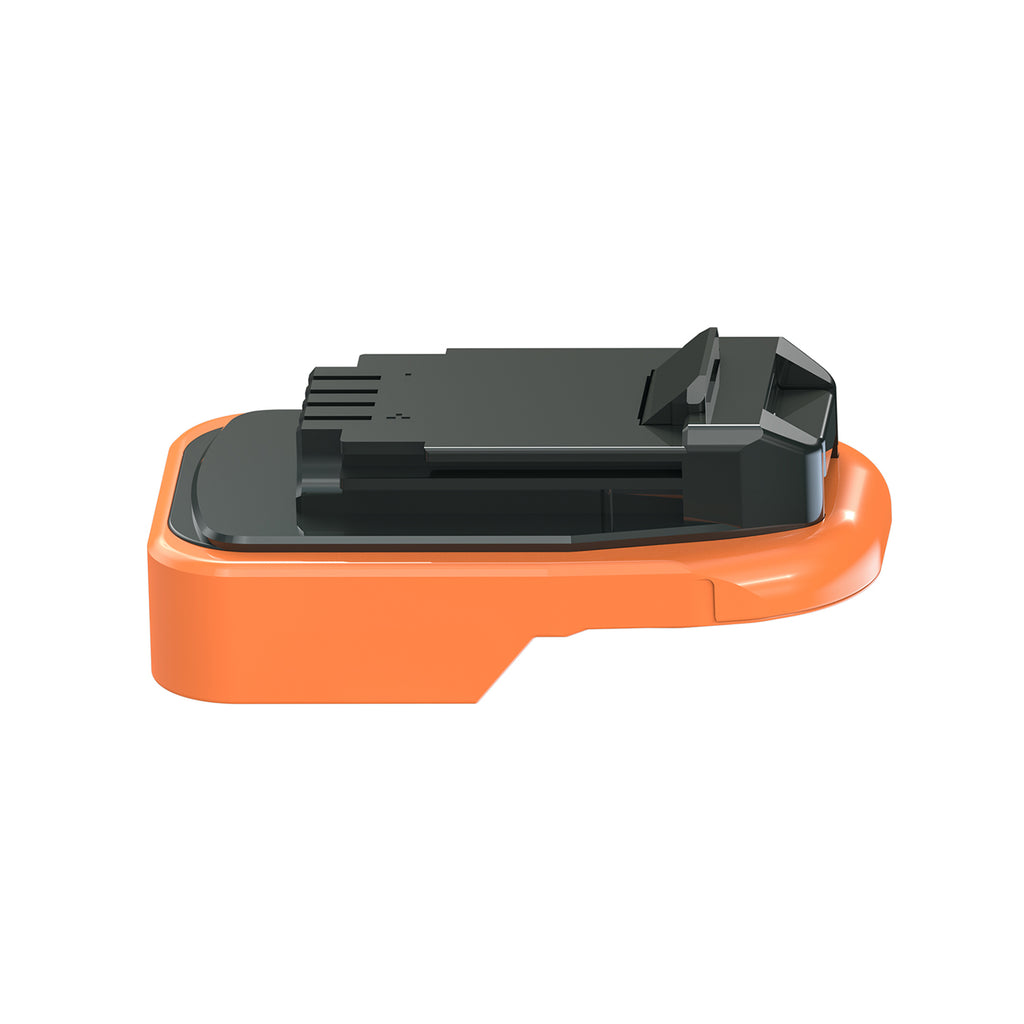 AEG 18V to Craftsman 20V Bolt-On battery adapter - low side view of the Craftsman tool-side connection above the orange base