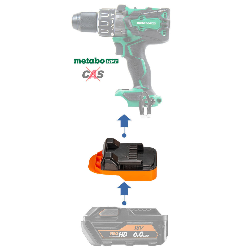 AEG 18V to Metabo HPT 18V battery adapter - compatibility diagram showing battery, adapter and drill driver