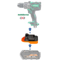 AEG 18V to Metabo HPT 18V battery adapter - compatibility diagram showing battery, adapter and drill driver