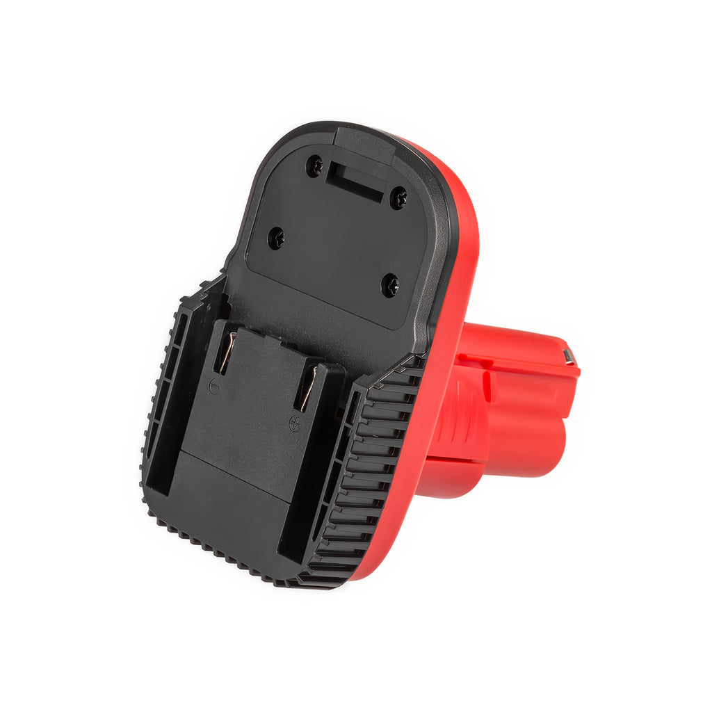 AEG 18V to Milwaukee M12 battery adapter - AEG battery-side connection with twin copper blades and polarity marks