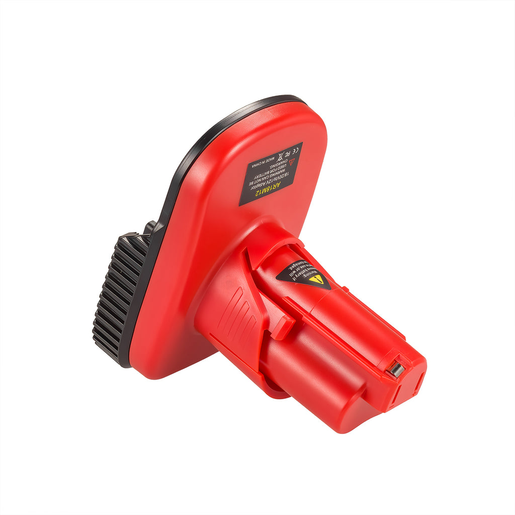 AEG 18V to Milwaukee M12 battery adapter - side view showing both connections, red molded ABS body