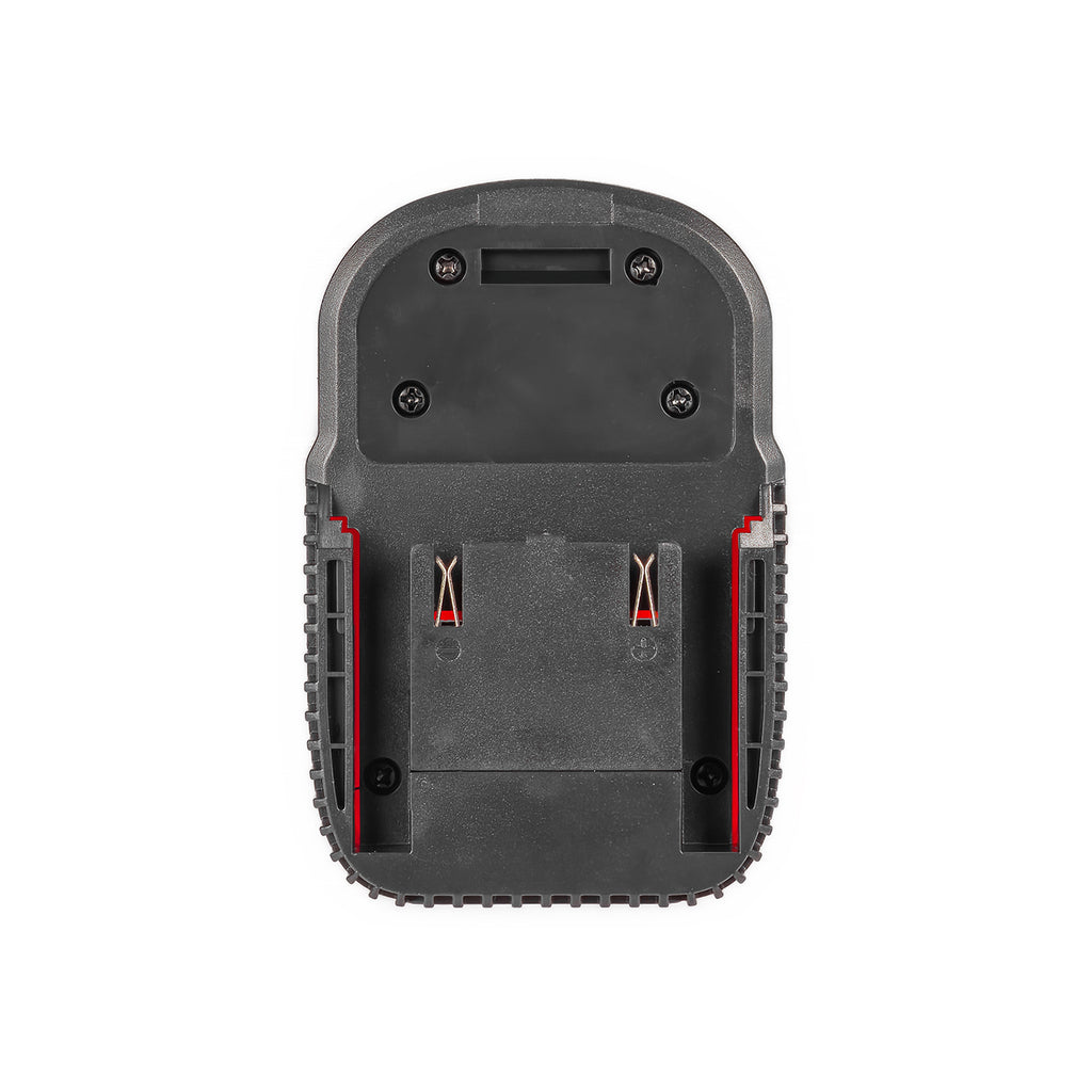 AEG 18V to Milwaukee M12 battery adapter - AEG battery-side connection with twin copper blades and polarity marks