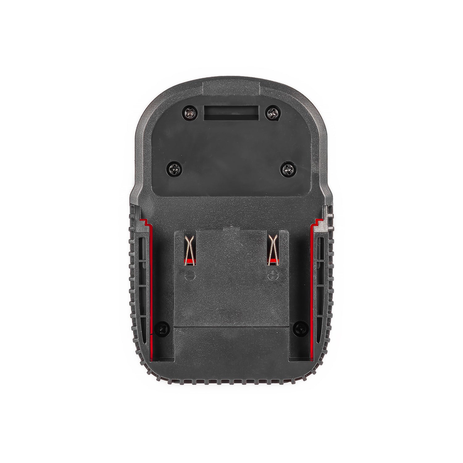 AEG 18V to Milwaukee M12 battery adapter - AEG battery-side connection with twin copper blades and polarity marks