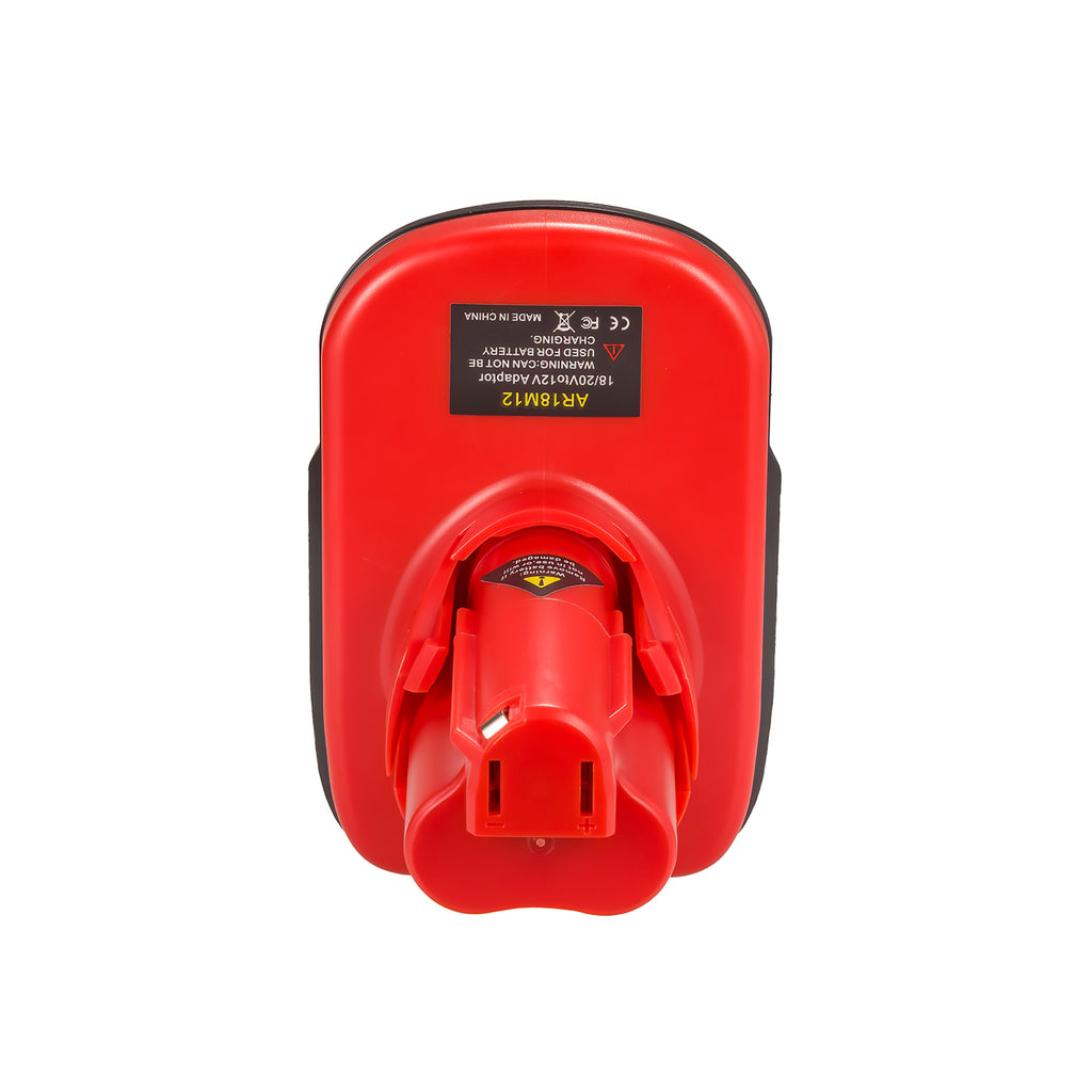 AEG 18V to Milwaukee M12 battery adapter - top-down view of the Milwaukee tool-side stem and its terminal slots