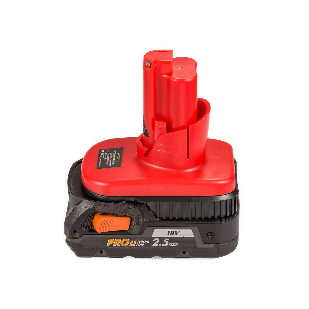 AEG 18V to Milwaukee M12 battery adapter - fitted to the AEG 18V battery, Milwaukee tool-side stem upward