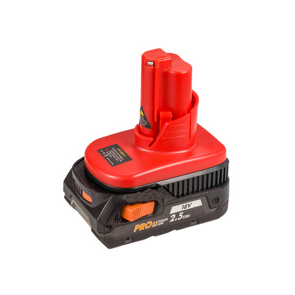AEG 18V to Milwaukee M12 battery adapter - fitted to the AEG 18V battery, Milwaukee tool-side stem upward
