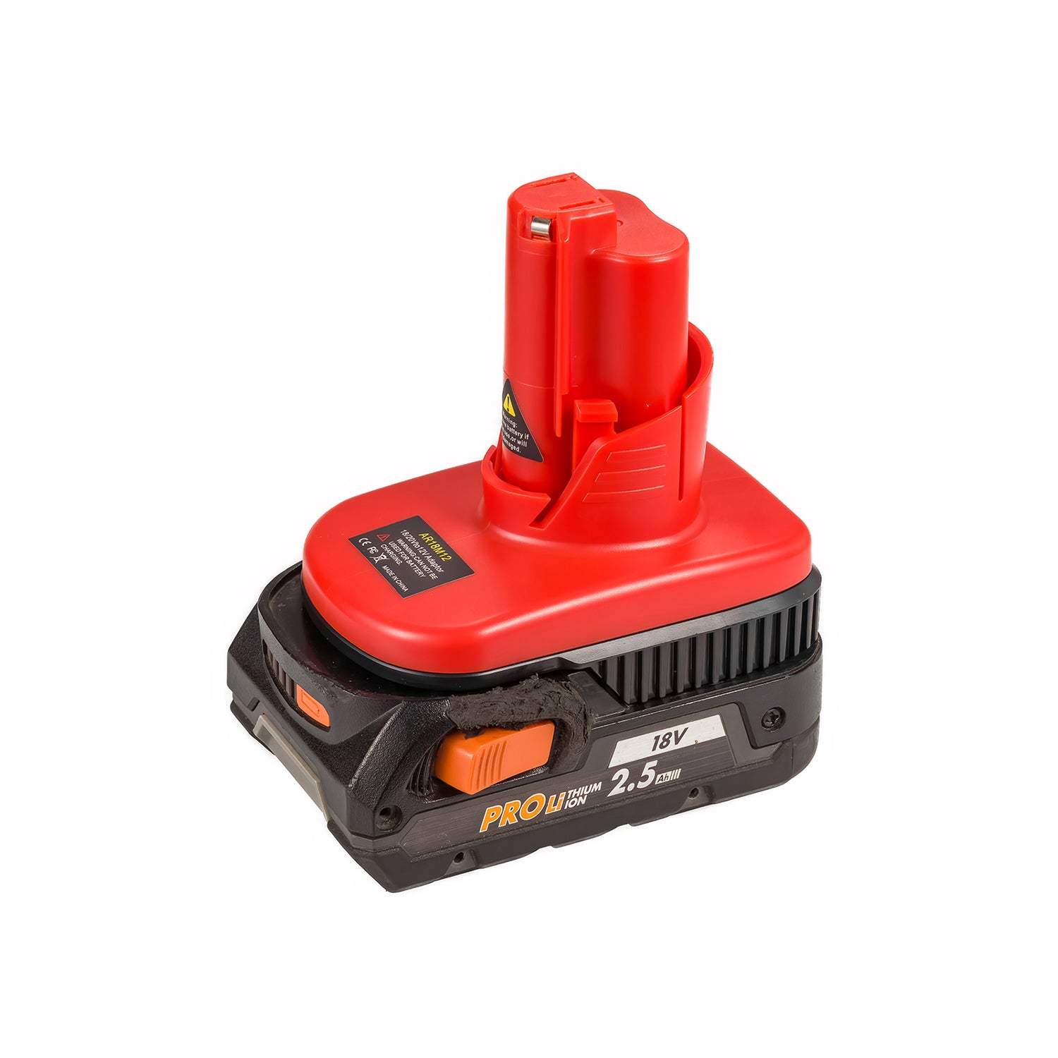 AEG 18V to Milwaukee M12 battery adapter - fitted to the AEG 18V battery, Milwaukee tool-side stem upward