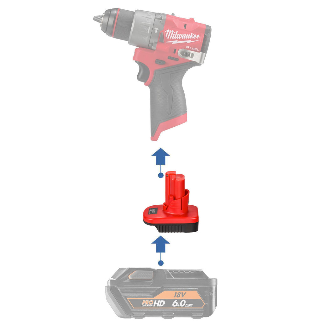 AEG 18V to Milwaukee M12 battery adapter - compatibility diagram showing battery, adapter and hammer drill