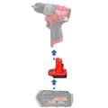 AEG 18V to Milwaukee M12 battery adapter - compatibility diagram showing battery, adapter and hammer drill