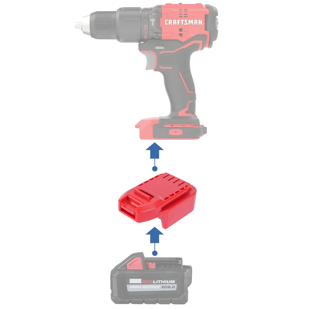 Milwaukee M18 to Craftsman 20V battery adapter - compatibility diagram showing battery, adapter and drill