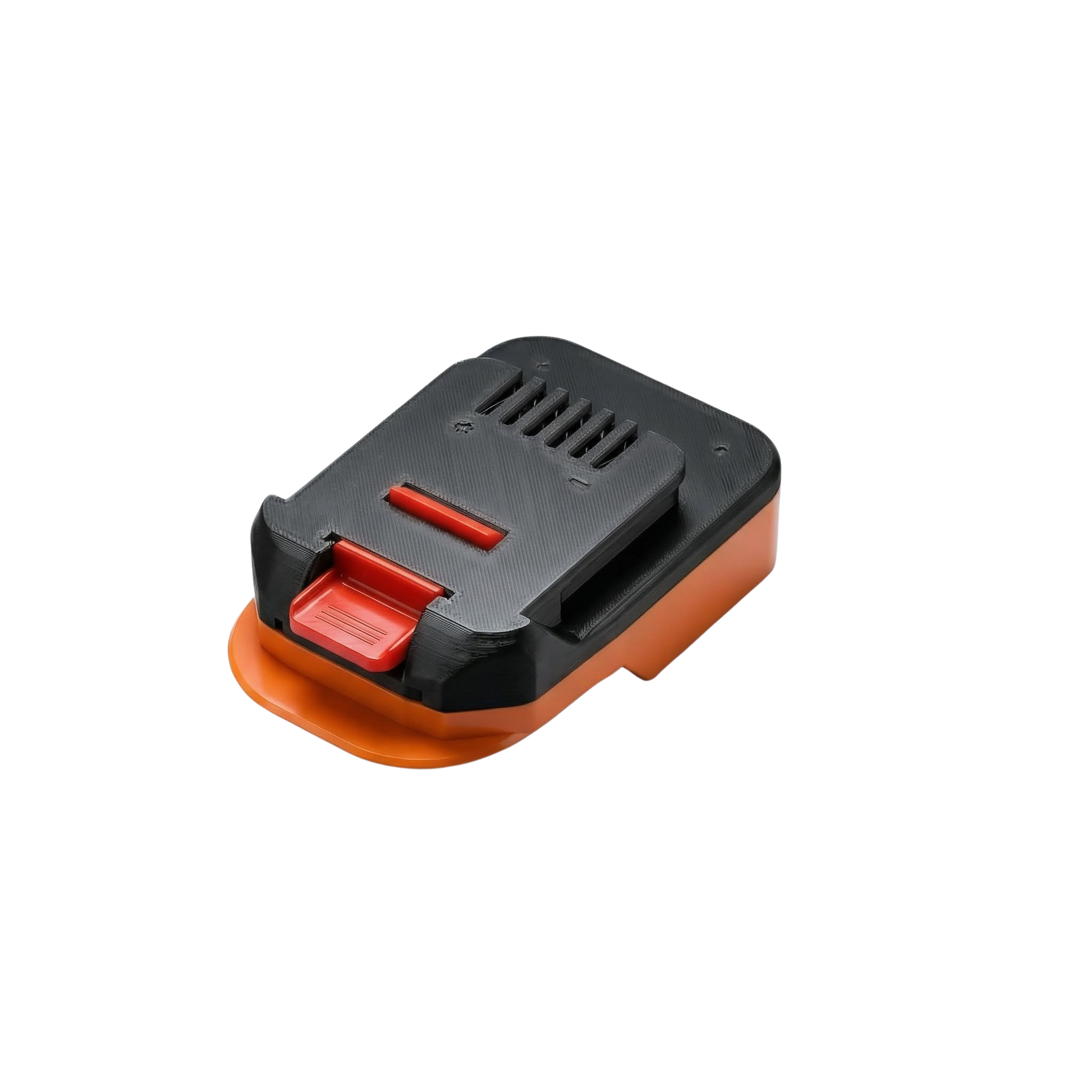 RIDGID 18V to MacNaught 18V battery adapter - three-quarter view, MacNaught tool-side connection over the orange body