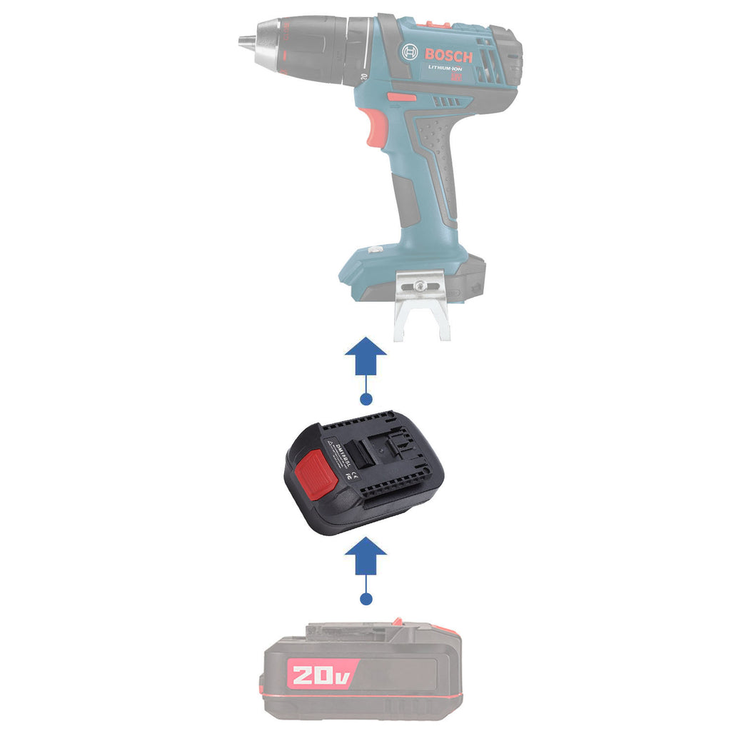 Bauer 20V to Bosch 18V GBA (Blue) battery adapter - compatibility diagram showing battery, adapter and drill driver