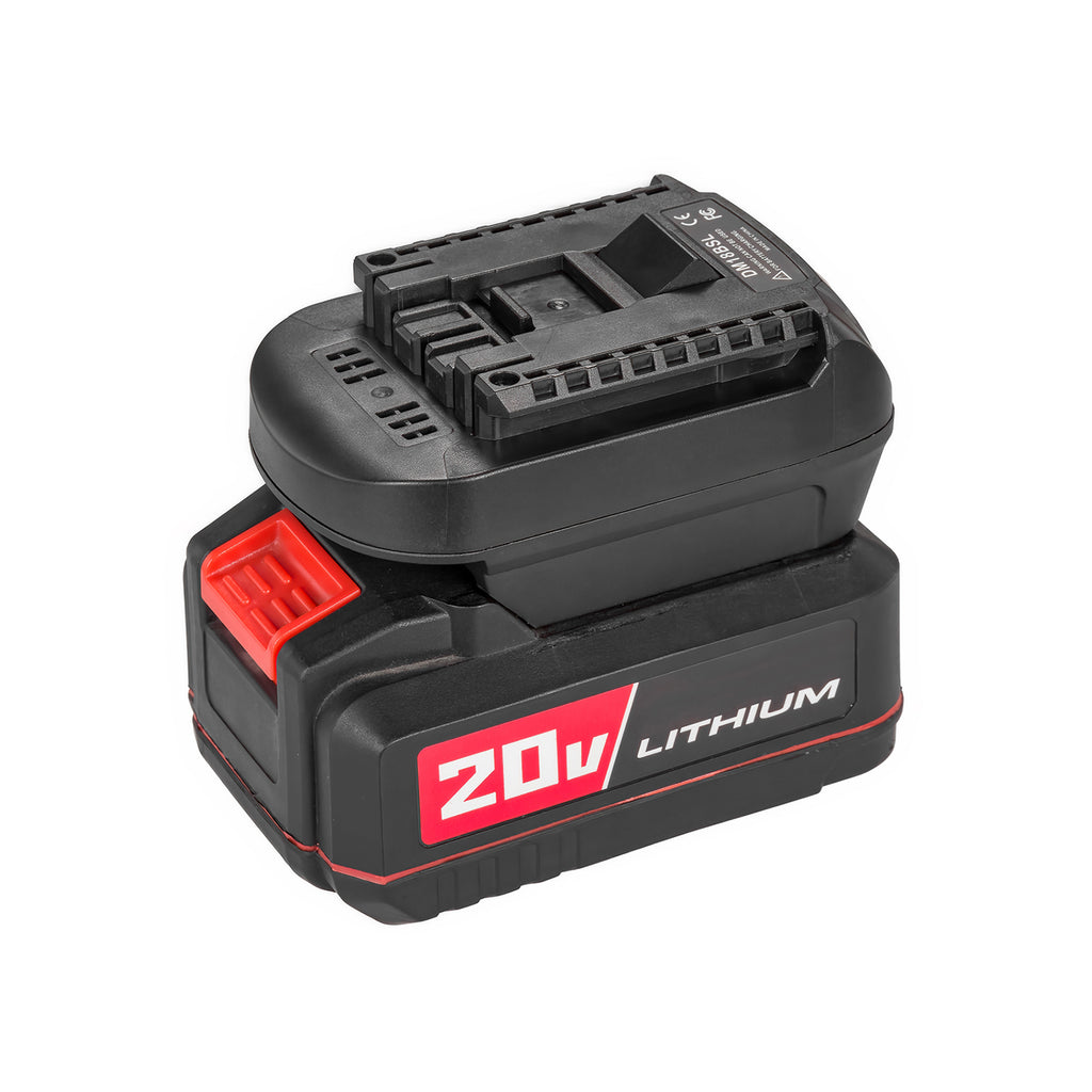 Bauer 20V to Bosch 18V GBA (Blue) battery adapter - seated on a battery pack, Bosch tool-side rails and warning label upward