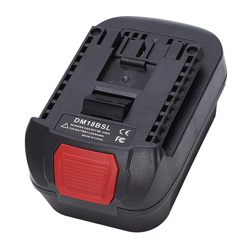 Bauer 20V to Bosch 18V GBA (Blue) battery adapter - Bosch tool-side connection with the warning label and the ribbed release