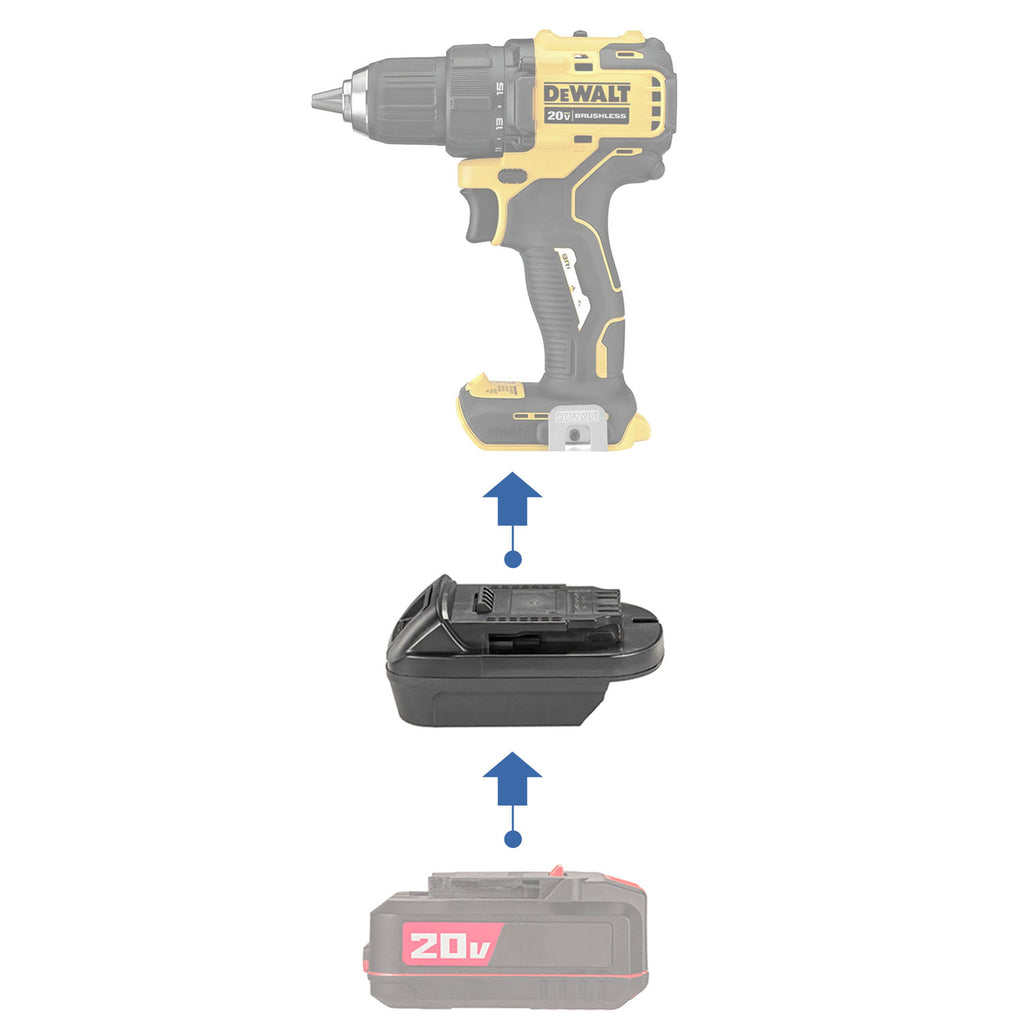Bauer 20V to DeWalt 20V MAX battery adapter - compatibility diagram showing battery, adapter and drill driver