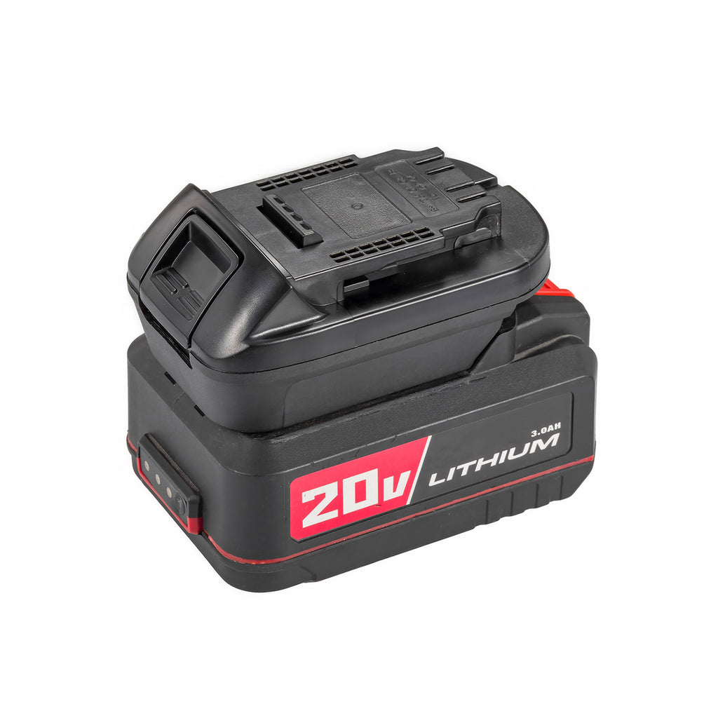 Bauer 20V to DeWalt 20V MAX battery adapter - fitted to the Bauer 20V battery, DeWalt tool-side connection facing up
