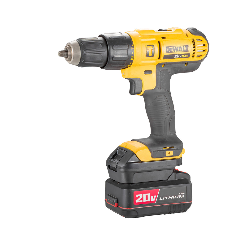 Bauer 20V to DeWalt 20V MAX battery adapter - installed on a drill driver with the battery fitted below