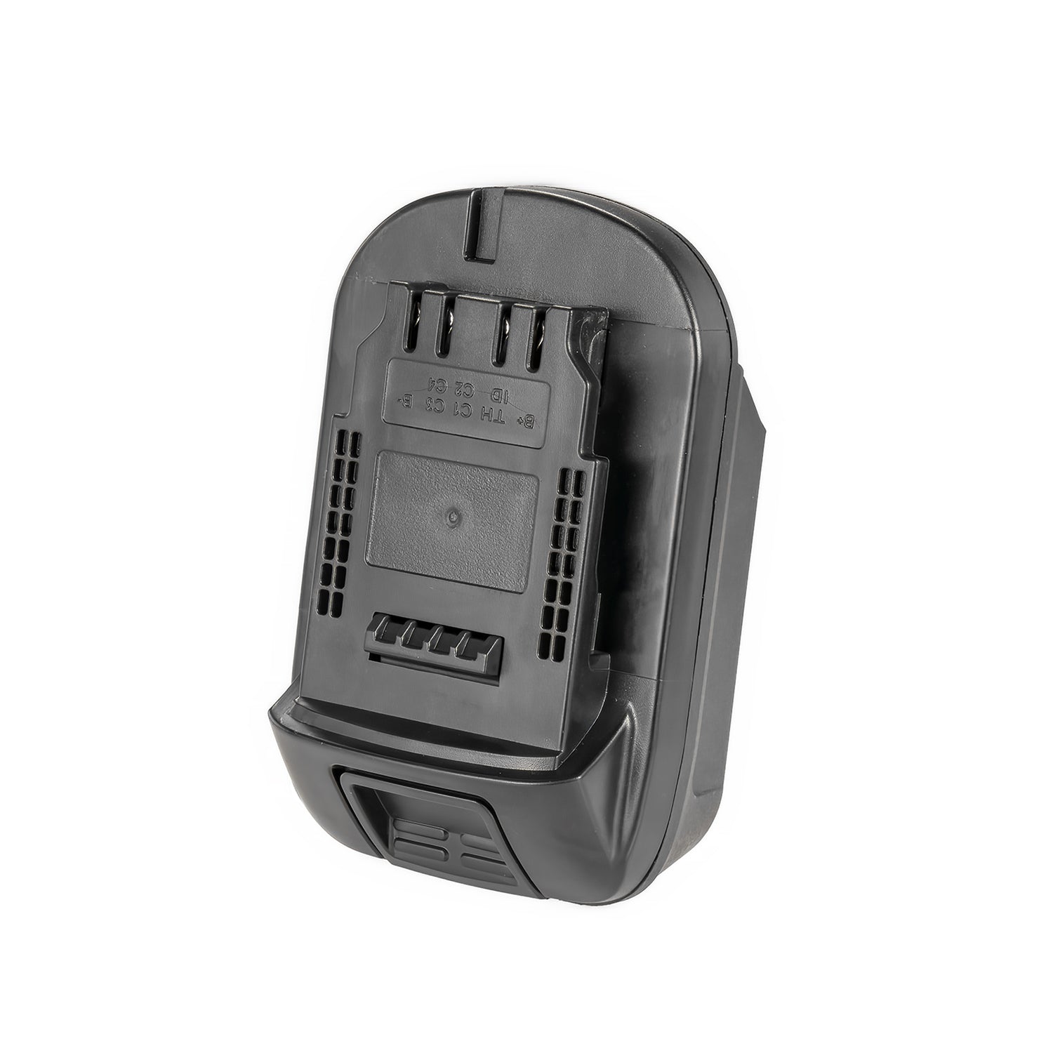 Bauer 20V to DeWalt 20V MAX battery adapter - DeWalt tool-side connection with four terminal slots and vent grilles