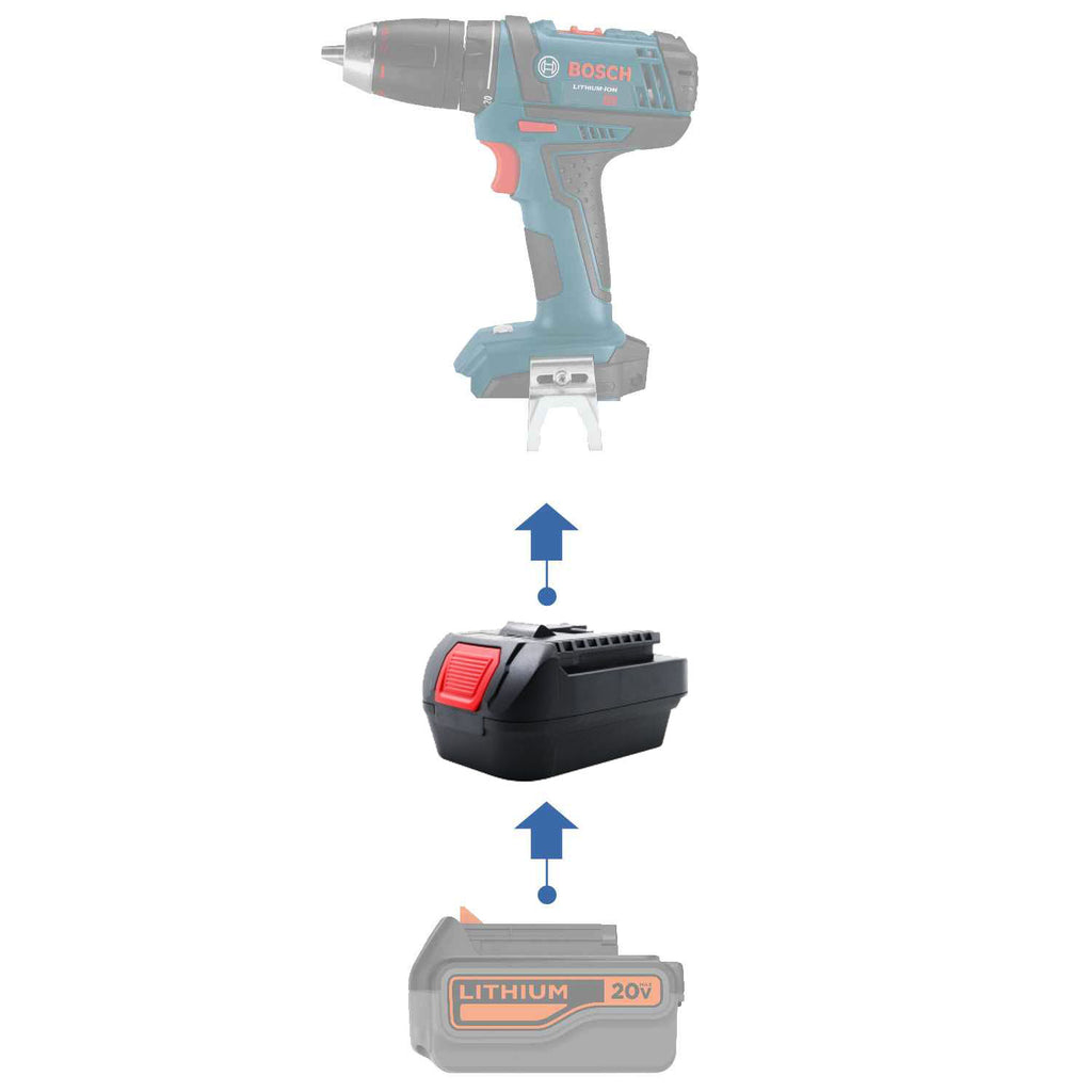 Black and Decker 20V to Bosch 18V GBA (Blue) battery adapter - compatibility diagram showing battery, adapter and drill