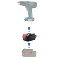 Black and Decker 20V to Bosch 18V GBA (Blue) battery adapter - compatibility diagram showing battery, adapter and drill