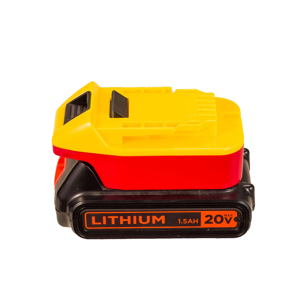 Black and Decker 20V to Hercules 20V battery adapter - fitted to the battery, yellow tool-side face upward, red base below