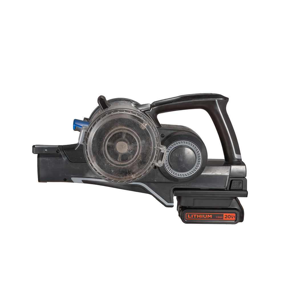 Black and Decker 20V to Hoover 20V ONEPWR battery adapter - installed on a stick vacuum, battery fitted, side view