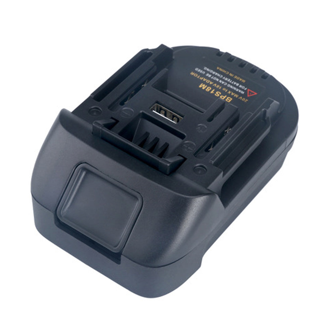 Black and Decker 20V to Makita 18V LXT battery adapter - Makita-side connection with the USB port and rating label