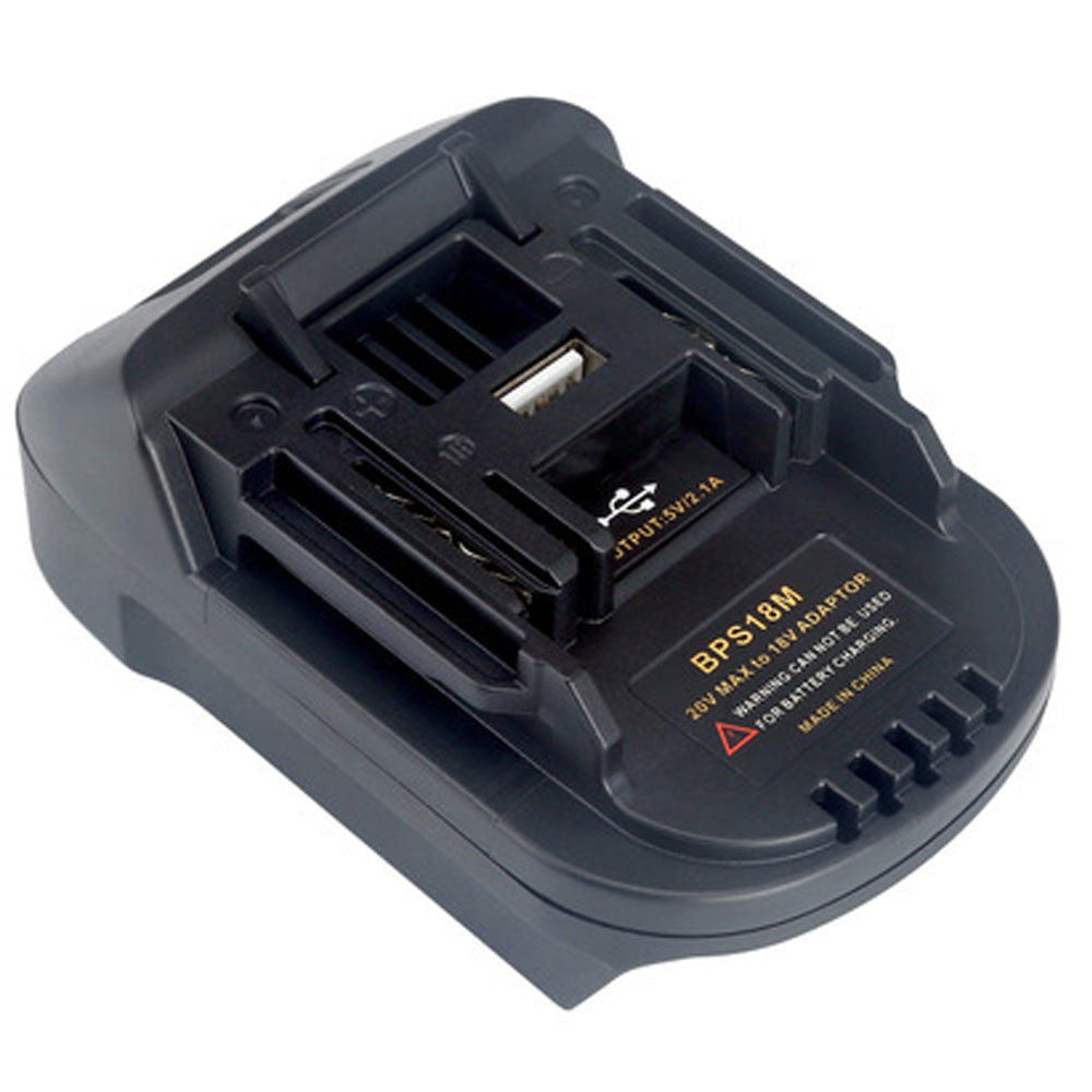 Black and Decker 20V to Makita 18V LXT battery adapter - Makita-side connection, USB port and copper contacts