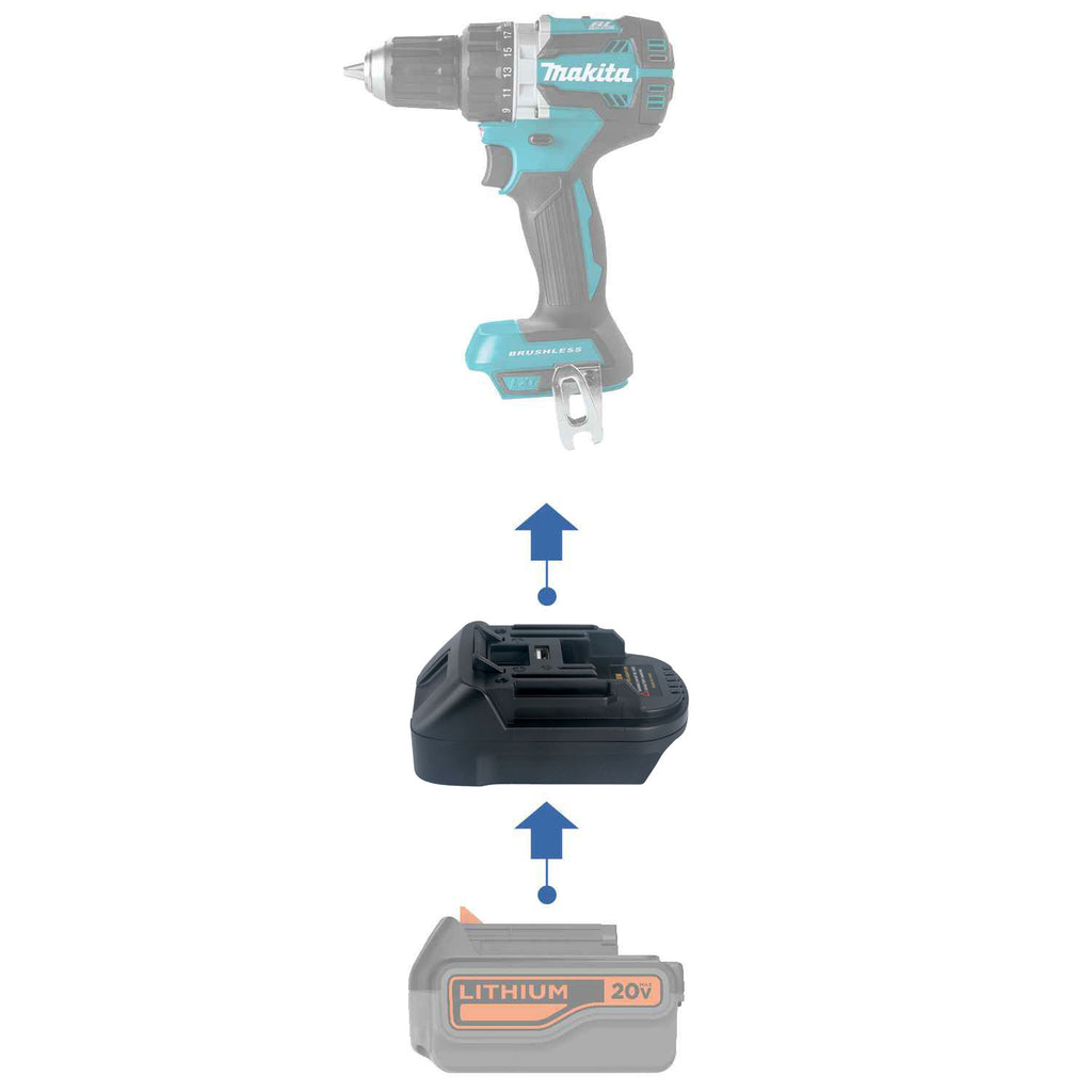 Black and Decker 20V to Makita 18V LXT battery adapter - compatibility diagram showing battery, adapter and drill