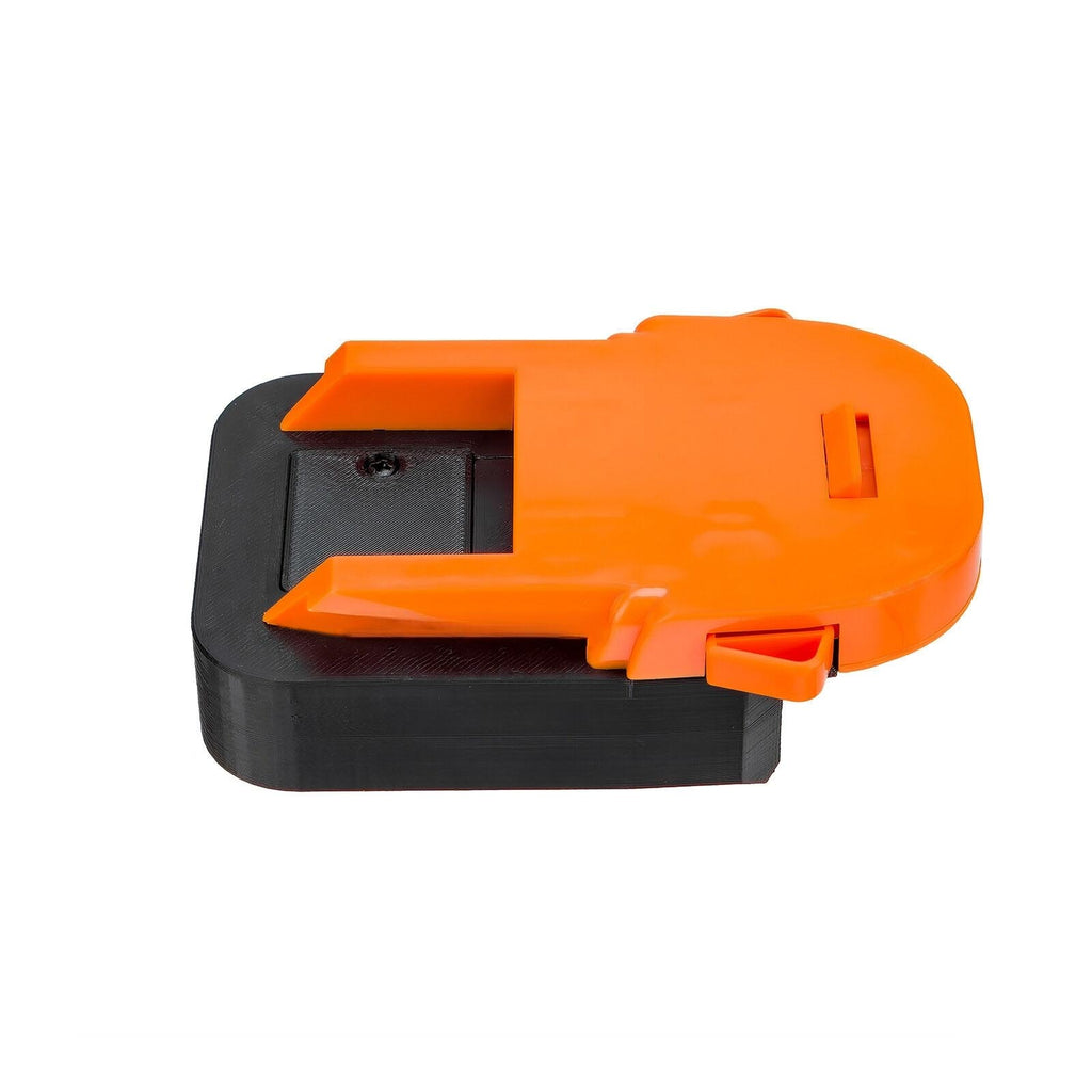 Black and Decker 20V to AEG 18V battery adapter - RIDGID tool-side face with its rails and latch over the black body