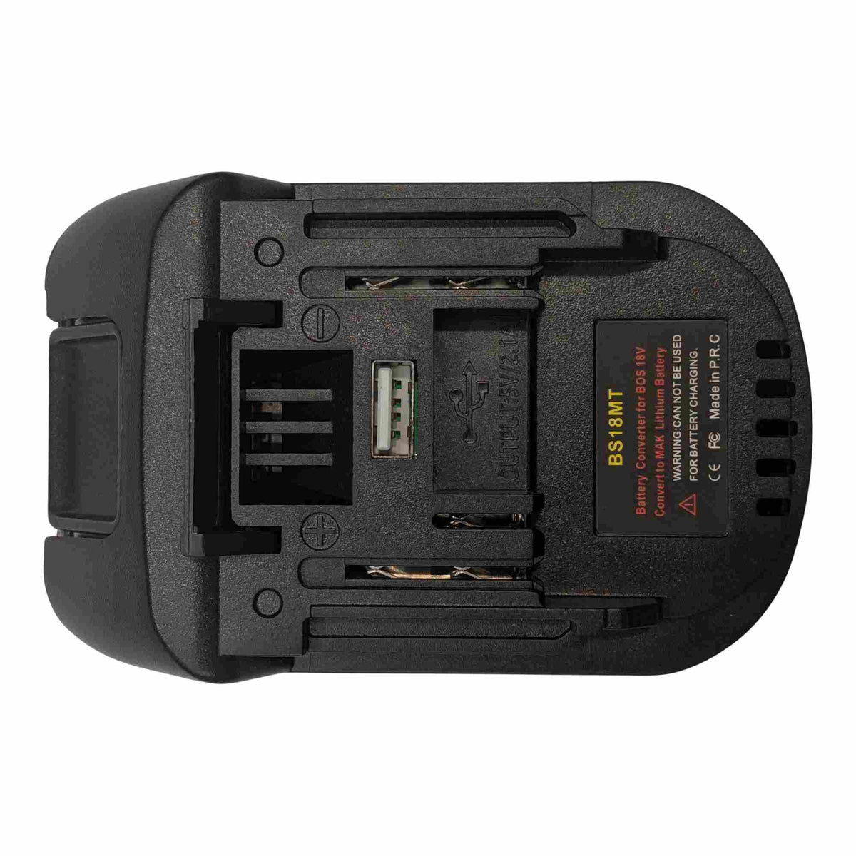 Bosch 18V GBA (Blue) to Makita 18V LXT battery adapter - Makita tool-side connection, copper terminals and a USB-A port