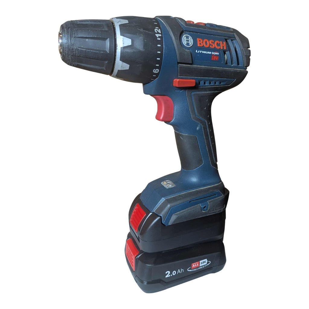 Bosch 18V PBA (Green) to Bosch 18V GBA (Blue) battery adapter - installed on a drill with the battery fitted below