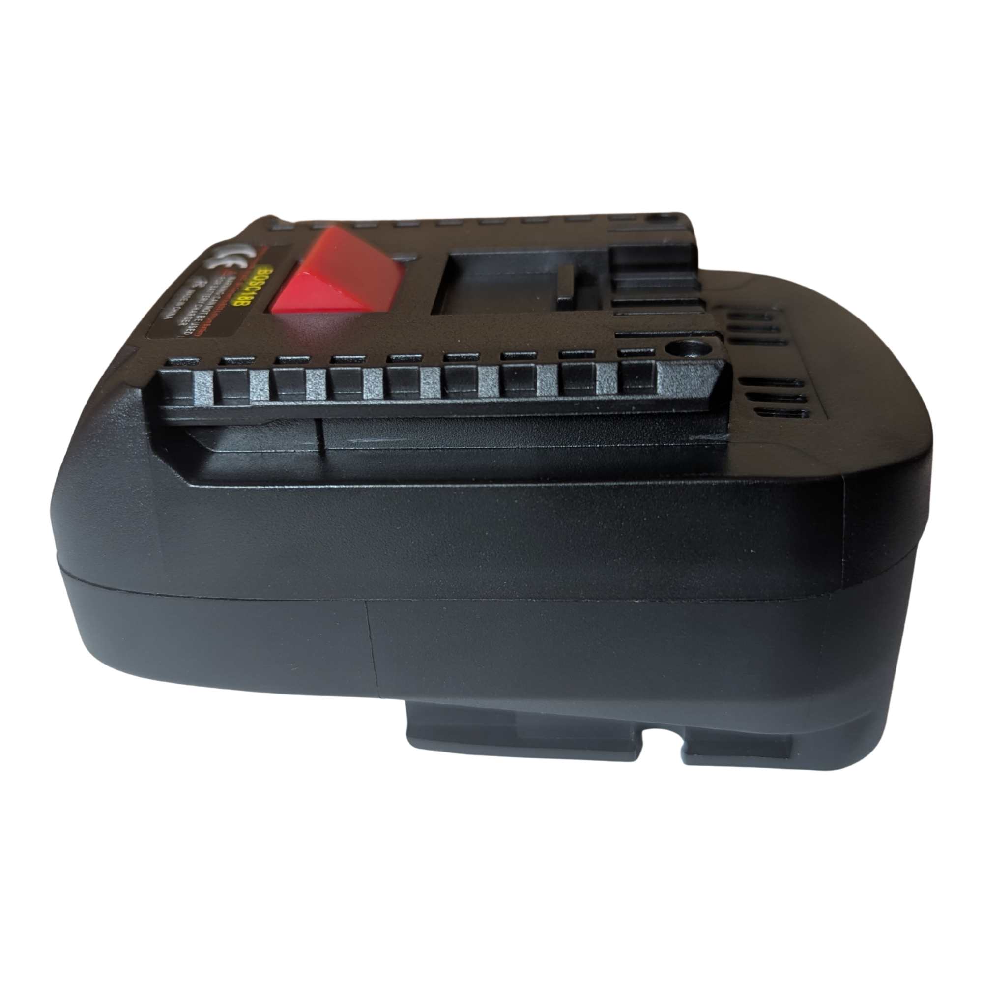 Bosch 18V PBA (Green) to Bosch 18V GBA (Blue) battery adapter - tool-side connection with rail teeth, warning label