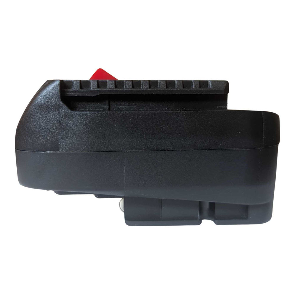 Bosch 18V PBA (Green) to Bosch 18V GBA (Blue) battery adapter - side view showing both connections, tool-side rail above