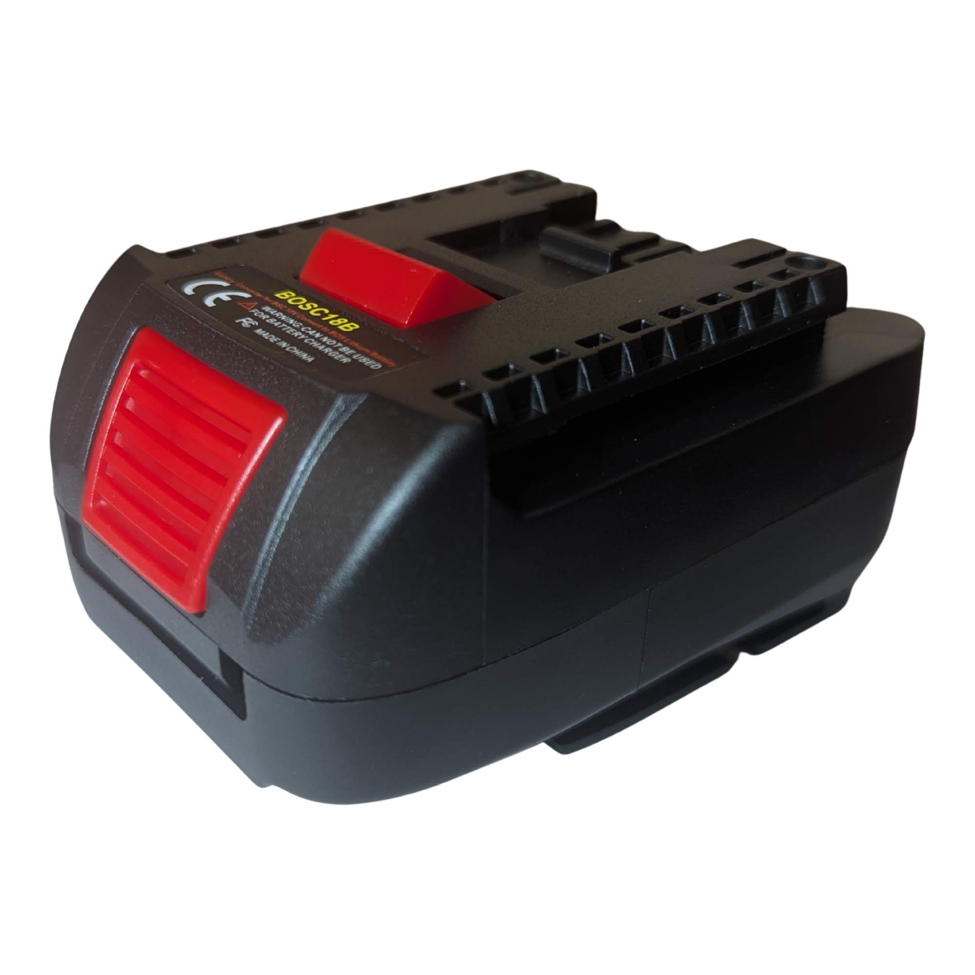 Bosch 18V PBA (Green) to Bosch 18V GBA (Blue) battery adapter - rear view with the ribbed release catch and warning label