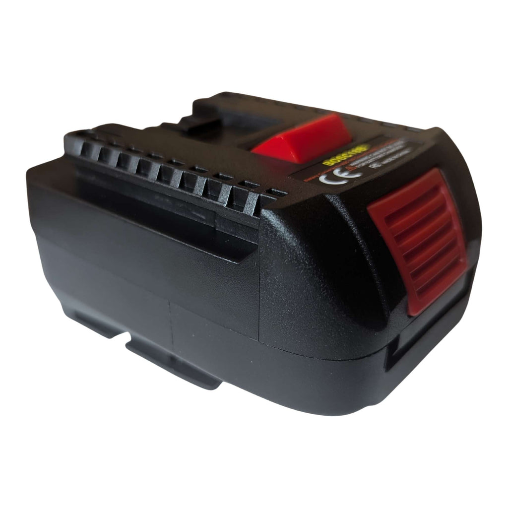 Bosch 18V PBA (Green) to Bosch 18V GBA (Blue) battery adapter - rear view with the ribbed release catch and warning label