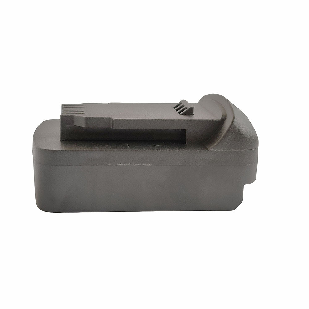Bosch 18V GBA (Blue) to DeWalt 20V MAX battery adapter - side view, DeWalt-side rail along the top