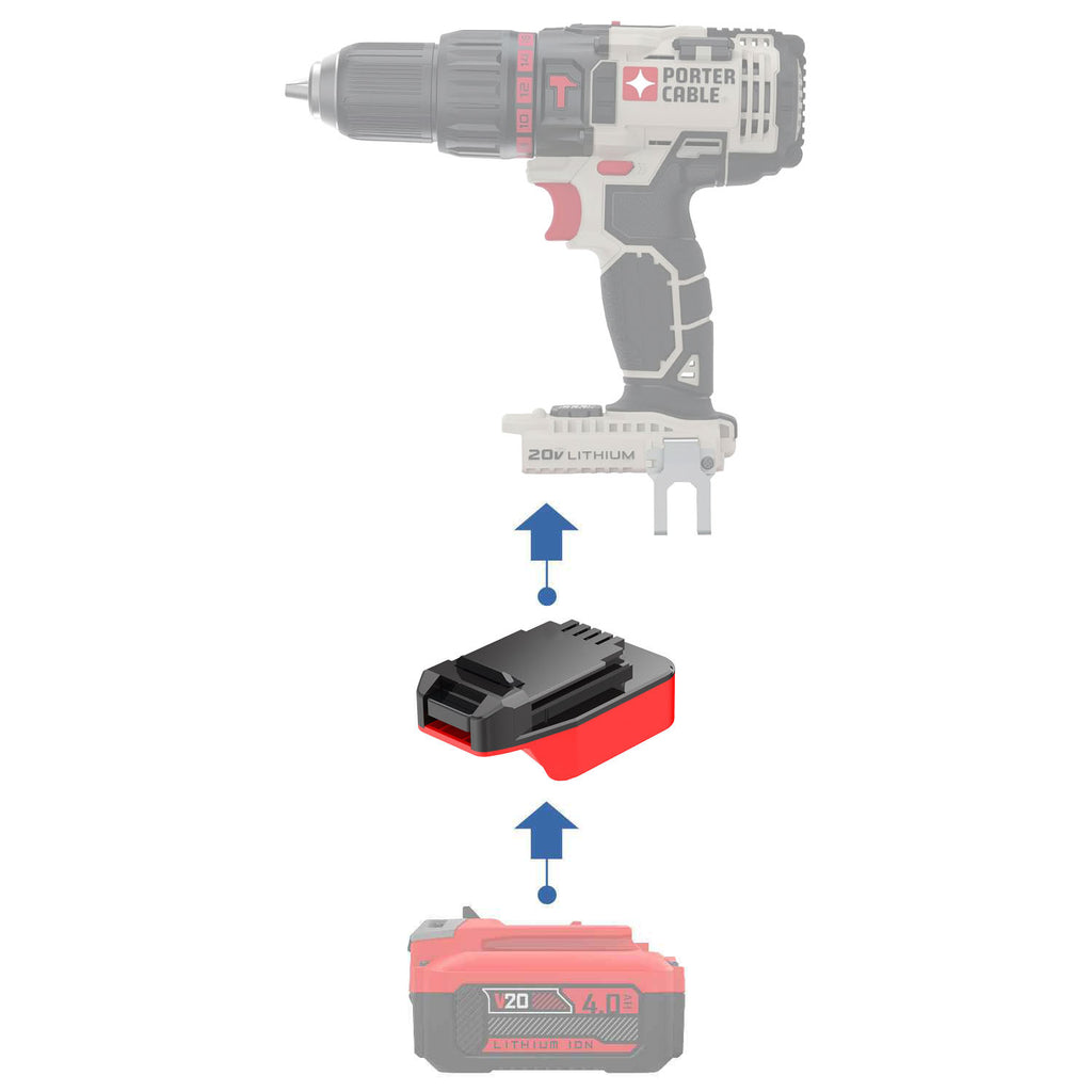 Craftsman 20V to Porter Cable 20V battery adapter - compatibility diagram showing battery, adapter and drill
