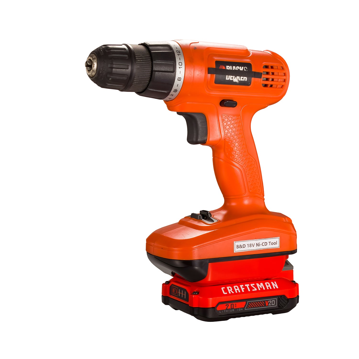 Craftsman 20V to Black and Decker 18V Ni-Cd battery adapter - installed on a cordless drill, battery fitted below