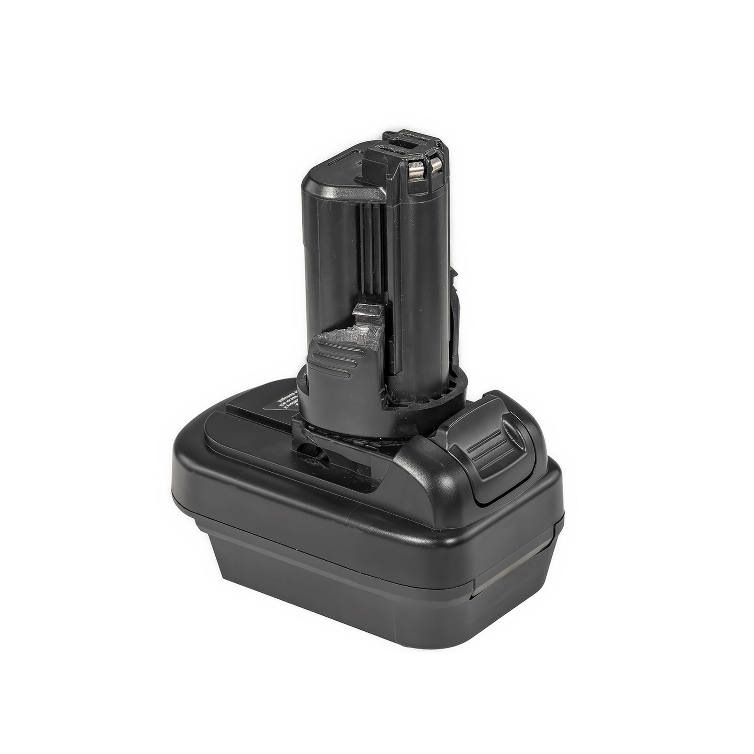 DeWalt 20V MAX to Dremel 12V 8220/8250 battery adapter - tool-side stem above the body, ribbed release catch at the side