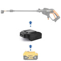 DeWalt 20V MAX to WORX 20V PowerShare (Orange) battery adapter - compatibility diagram showing battery, adapter and sprayer