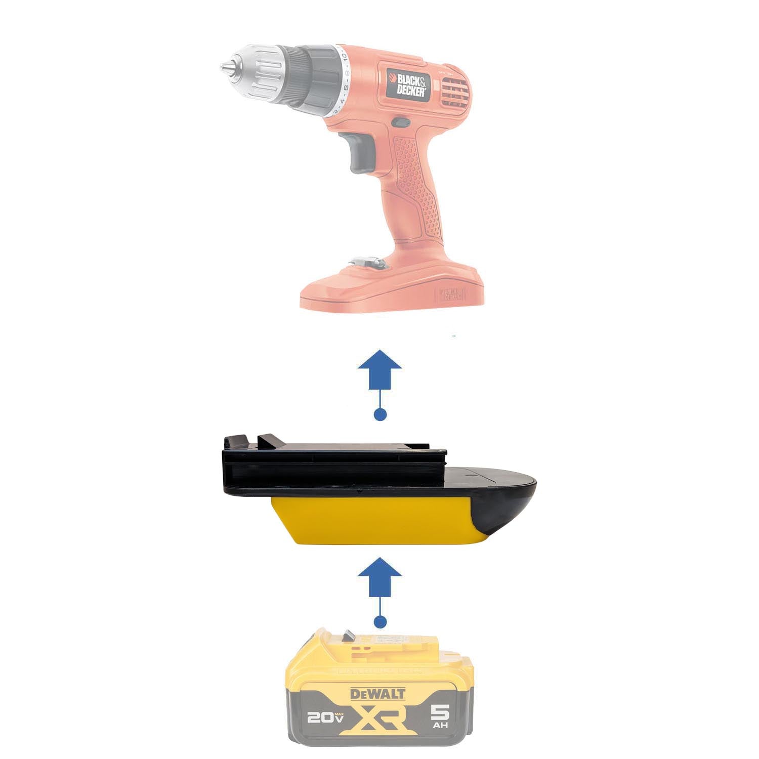 DeWalt 20V MAX to Black and Decker 18V Ni-Cd battery adapter - compatibility diagram showing battery, adapter and drill