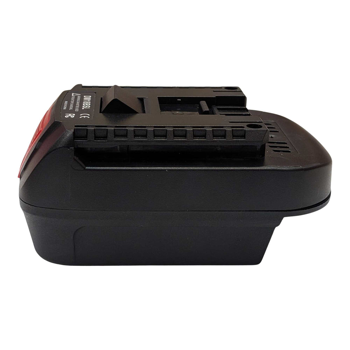 DeWalt 20V MAX to Bosch 18V GBA (Blue) battery adapter - side view with the tool-side rails and the release catch edge-on