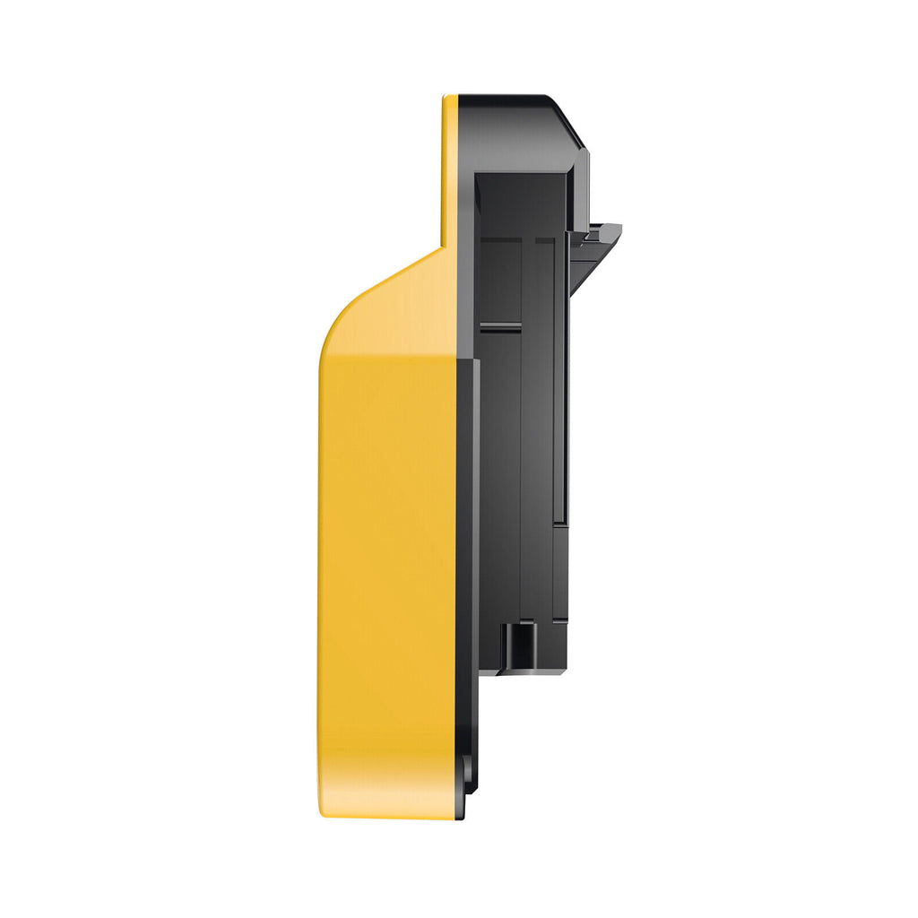 DeWalt 20V MAX to Craftsman 20V Bolt-On battery adapter - end view, yellow battery shell beside the black tool-side rails