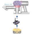 DeWalt 20V MAX to Dyson V8 battery adapter - compatibility diagram showing battery, adapter and cordless vacuum