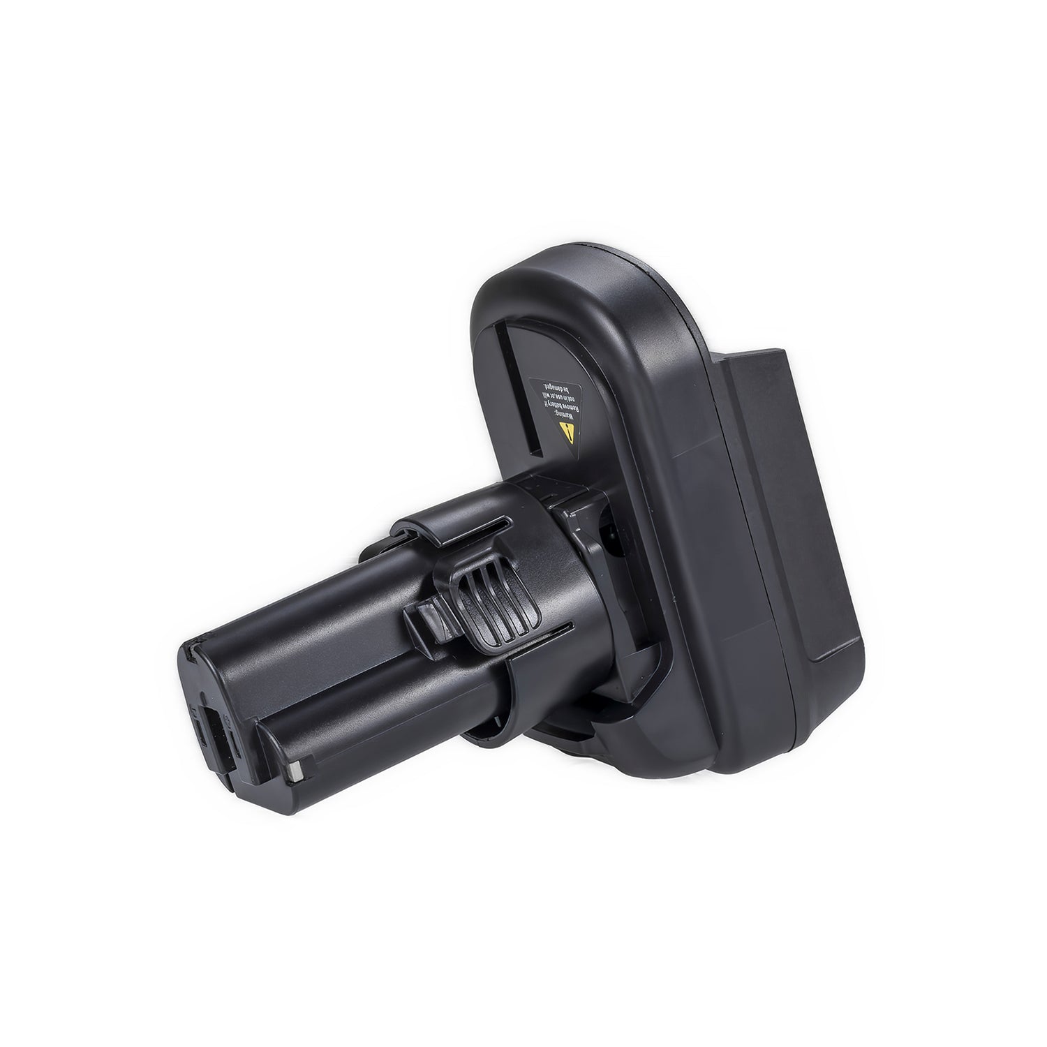 DeWalt 20V MAX to Makita 10.8V CXT battery adapter - side view showing both connections, the tool-side post to the left