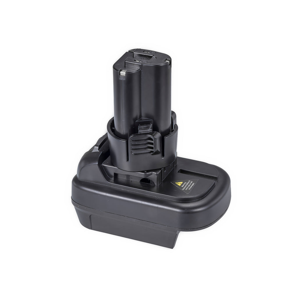 DeWalt 20V MAX to Makita 10.8V CXT battery adapter - Makita tool-side post upward, warning label on the base top face