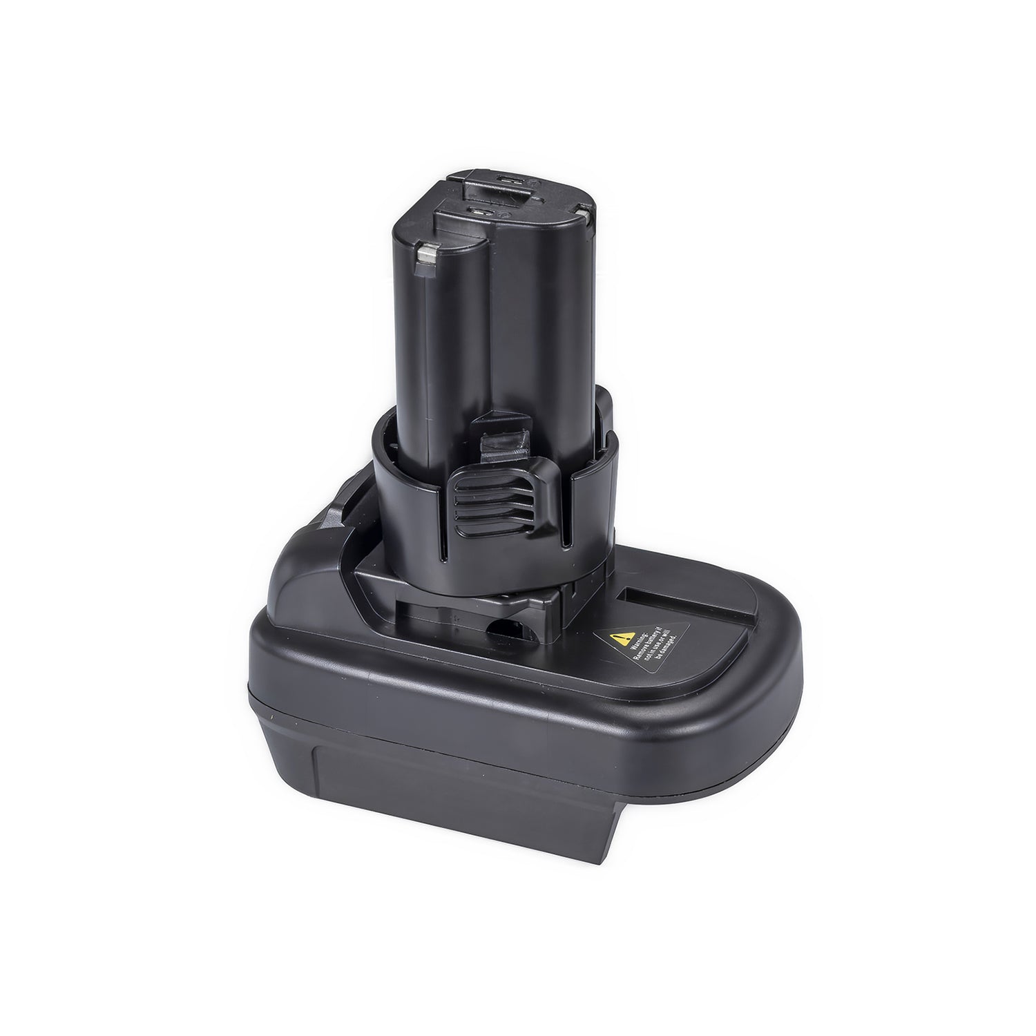 DeWalt 20V MAX to Makita 10.8V CXT battery adapter - Makita tool-side post upward, warning label on the base top face